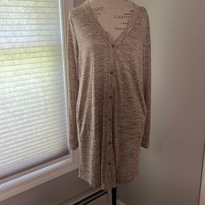 la miel Long Cardigan Taupe with Brown Button Down V Neck Long Sleeves Pockets